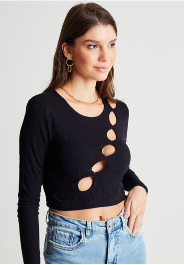 Cropped canelado  cut out manga longa