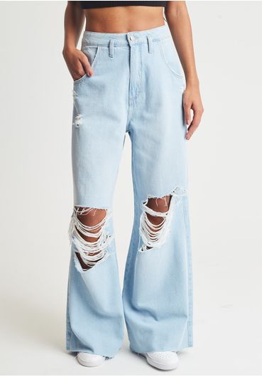 Calça wide leg jeans claro