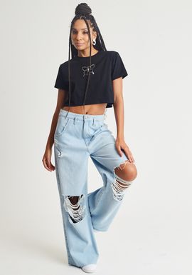 Calça wide leg jeans claro