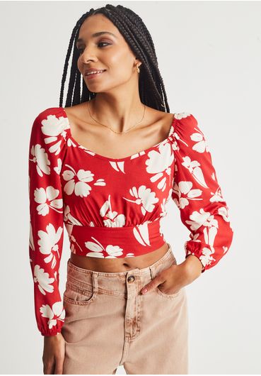 Blusa manga longa floral vermelho