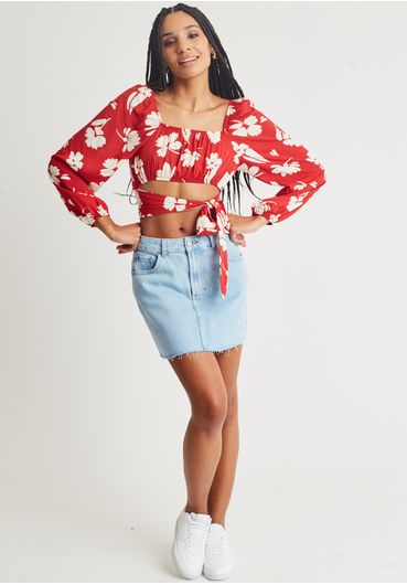 Blusa manga longa floral vermelho