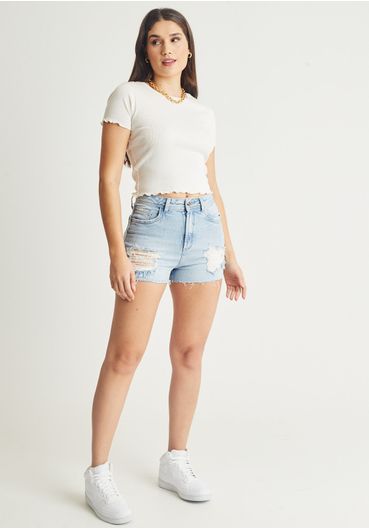 Short jeans cintura alta com elastano rasgos