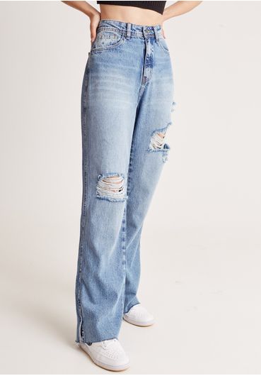 Calça jeans wide leg cintura alta rasgos e fendas