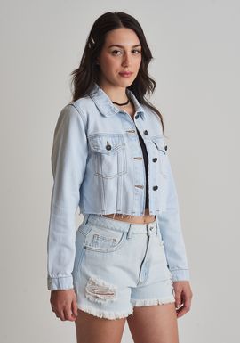 Jaqueta jeans cropped barra a fio