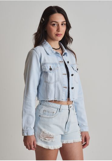 Jaqueta jeans cropped barra a fio