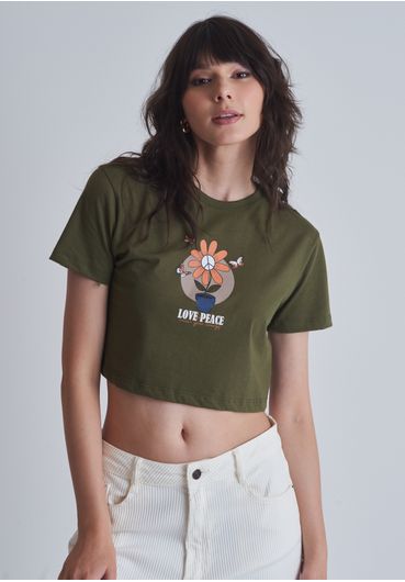 Camiseta meia malha cropped com flor paz e amor