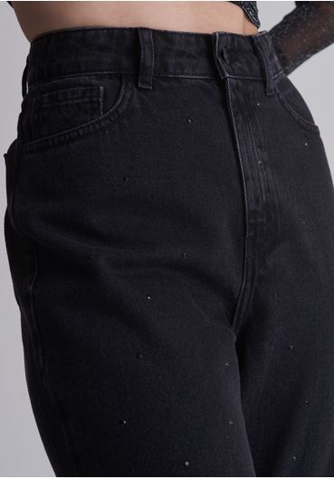 Calça jeans reta cintura alta com aplicações