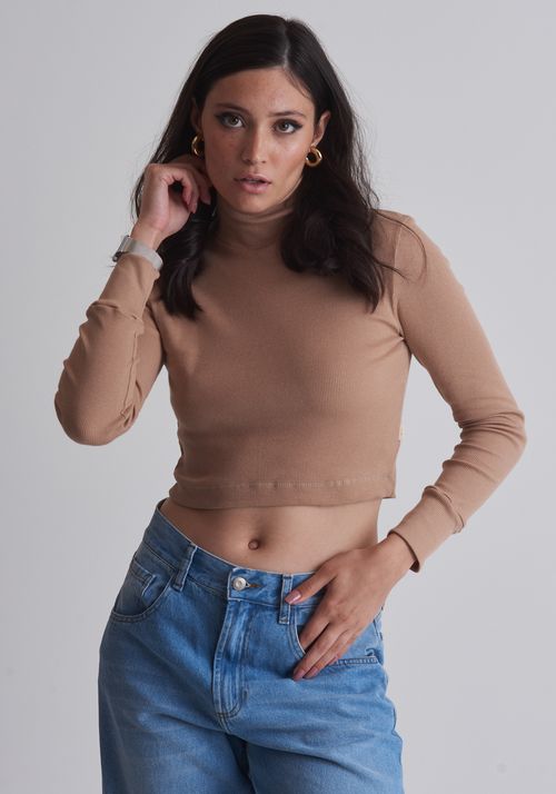 Cropped básico canelado manga longa natural