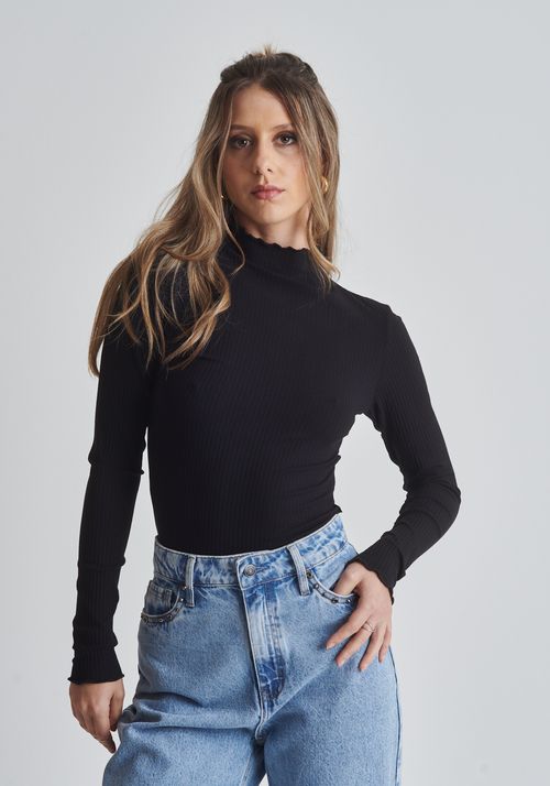Blusa básica canelada manga longa preta