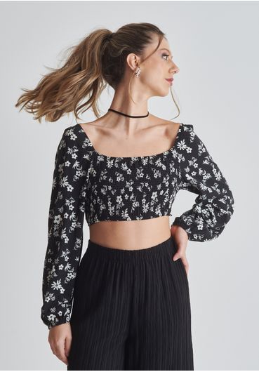 Blusa de viscose cropped manga longa amarração