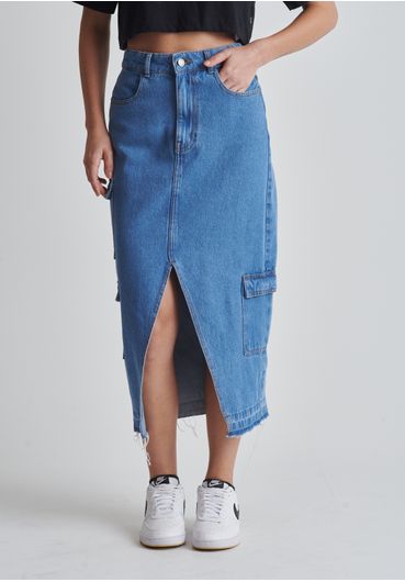 Saia jeans Midi cintura alta bolsos cargo