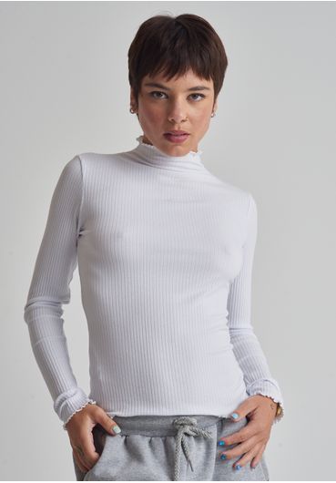 Blusa básica canelada manga longa branca