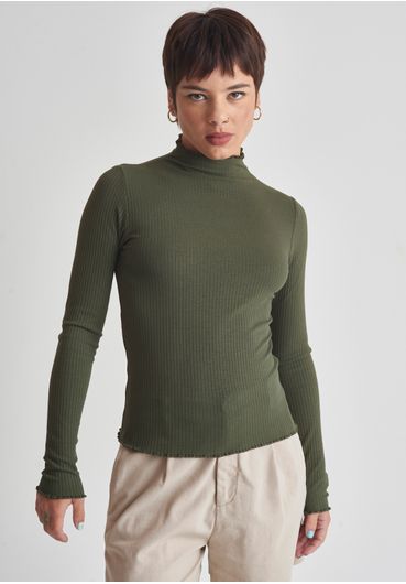 Blusa básica canelada manga longa verde oliva