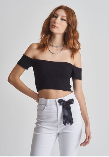 Blusa cropped ombro a ombro canelada preta