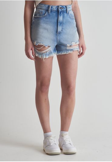 Short jeans cintura alta rasgos e barra desfiada