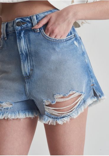 Short jeans cintura alta rasgos e barra desfiada