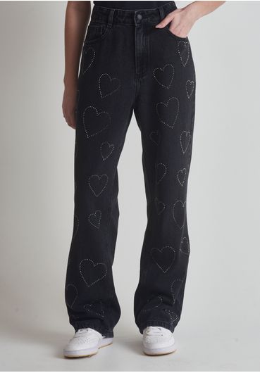 Calça jeans reta coração hotfix
