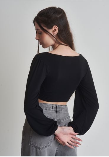 Blusa manga longa cropped torção frente