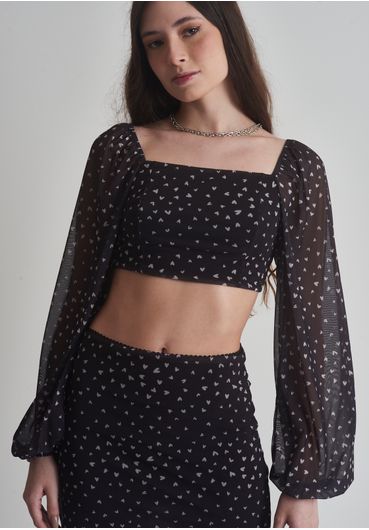 Blusa manga longa cropped corações