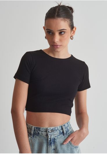 Blusa básica cropped manga curta canelada - preto