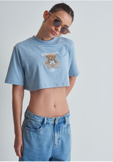 Camiseta super cropped aplicação urso