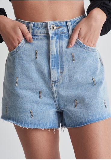 Short jeans cintura alta com brilhos