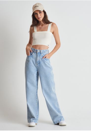 Calça jeans wide leg bolso quadrado