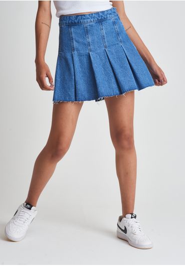 Saia jeans com pregas