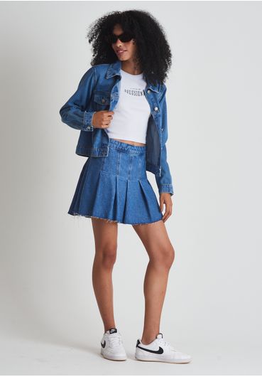 Saia jeans com pregas