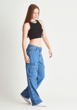 Calça jeans cargo cintura média