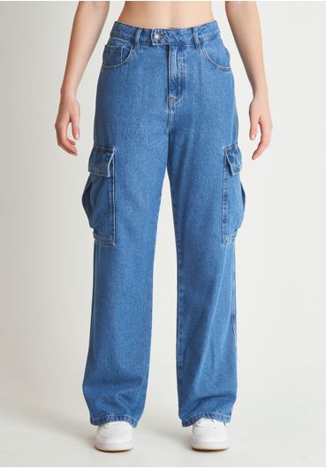 Calça jeans cargo cintura média