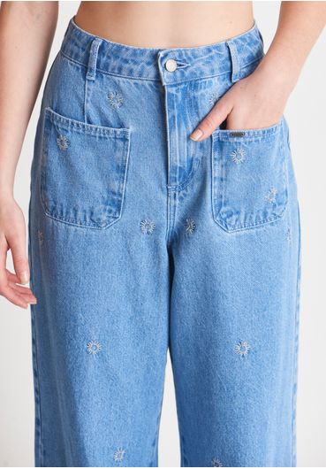 Calça jeans wid leg reta estampa sol