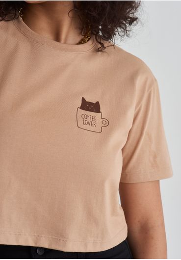 Camiseta de algodão cropped estampa gato e café