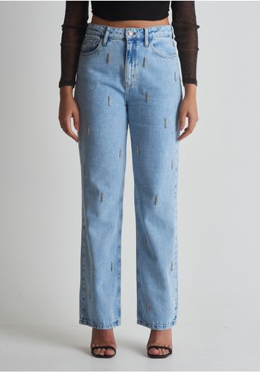 Calça jeans reta strass