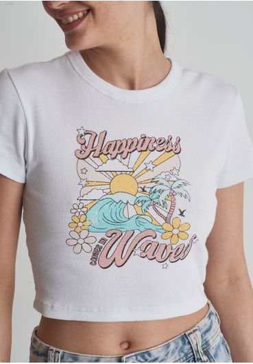 Camiseta baby-t em ribana com estampa happiness