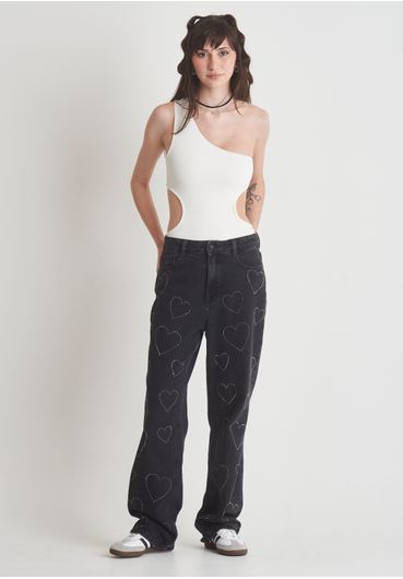 Calça jeans reta coração hotfix
