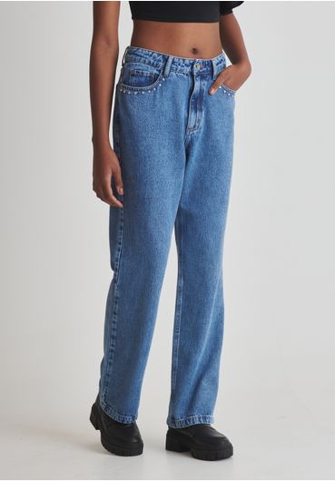 Calça jeans reta brilho cravejado