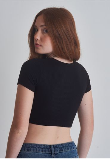 Blusa básica cropped manga curta canelada - preto