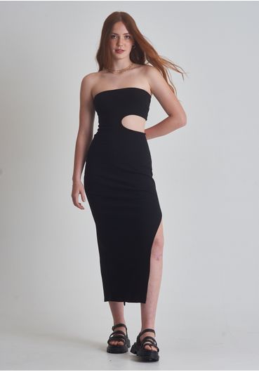 Vestido em ribana sem alça midi cut out