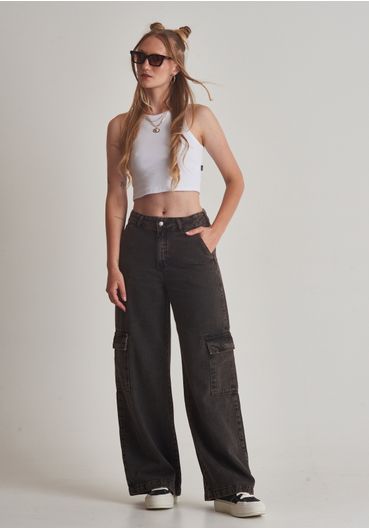 Calça black jeans wide leg cargo lavagem marrom