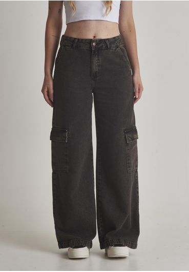 Calça black jeans wide leg cargo lavagem marrom