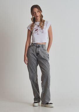 Calça jeans reta cintura alta com brilhos