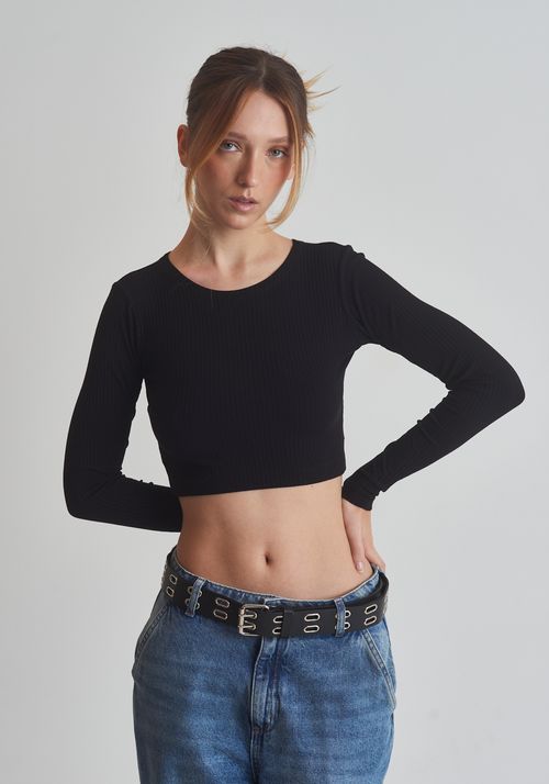 Cropped canelado manga longa preta