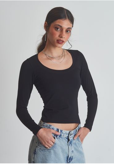 Blusa Básica Decotada Manga Longa Preta