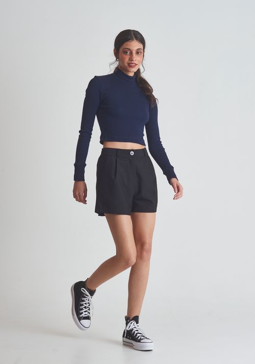 Cropped básico canelado manga longa marinho