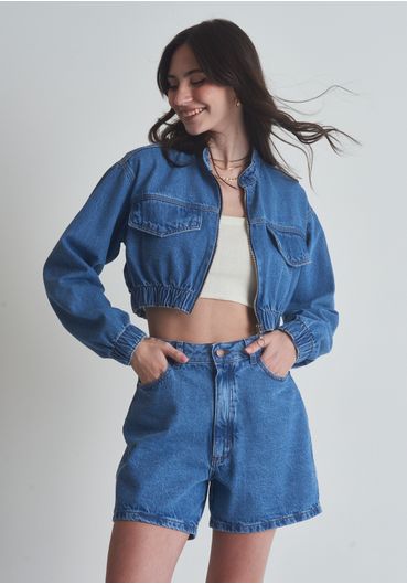 Jaqueta Jeans Bomber Cropped