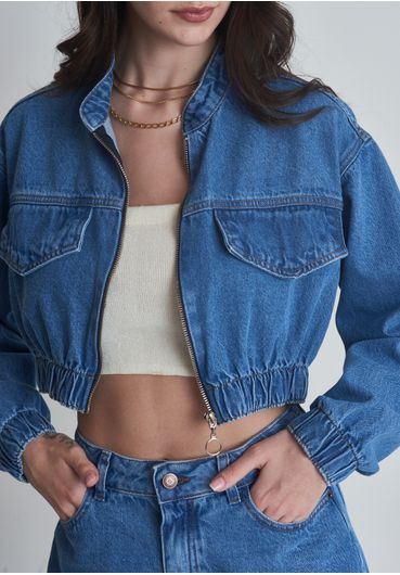 Jaqueta Jeans Bomber Cropped