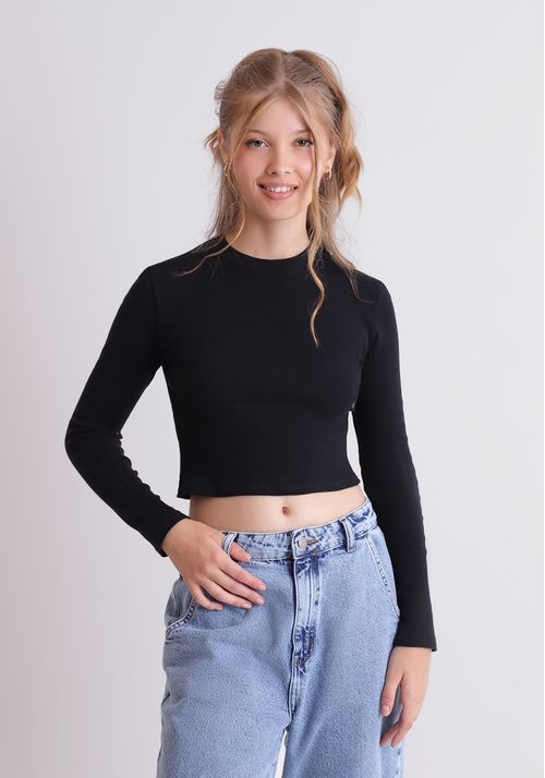 Cropped ribana gola redonda preto