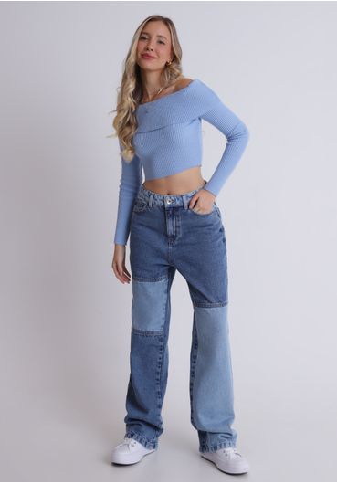 Calça jeans cintura alta reta bicolor