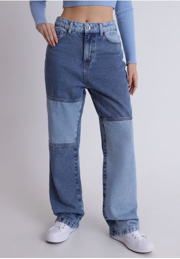 Calça jeans cintura alta reta bicolor